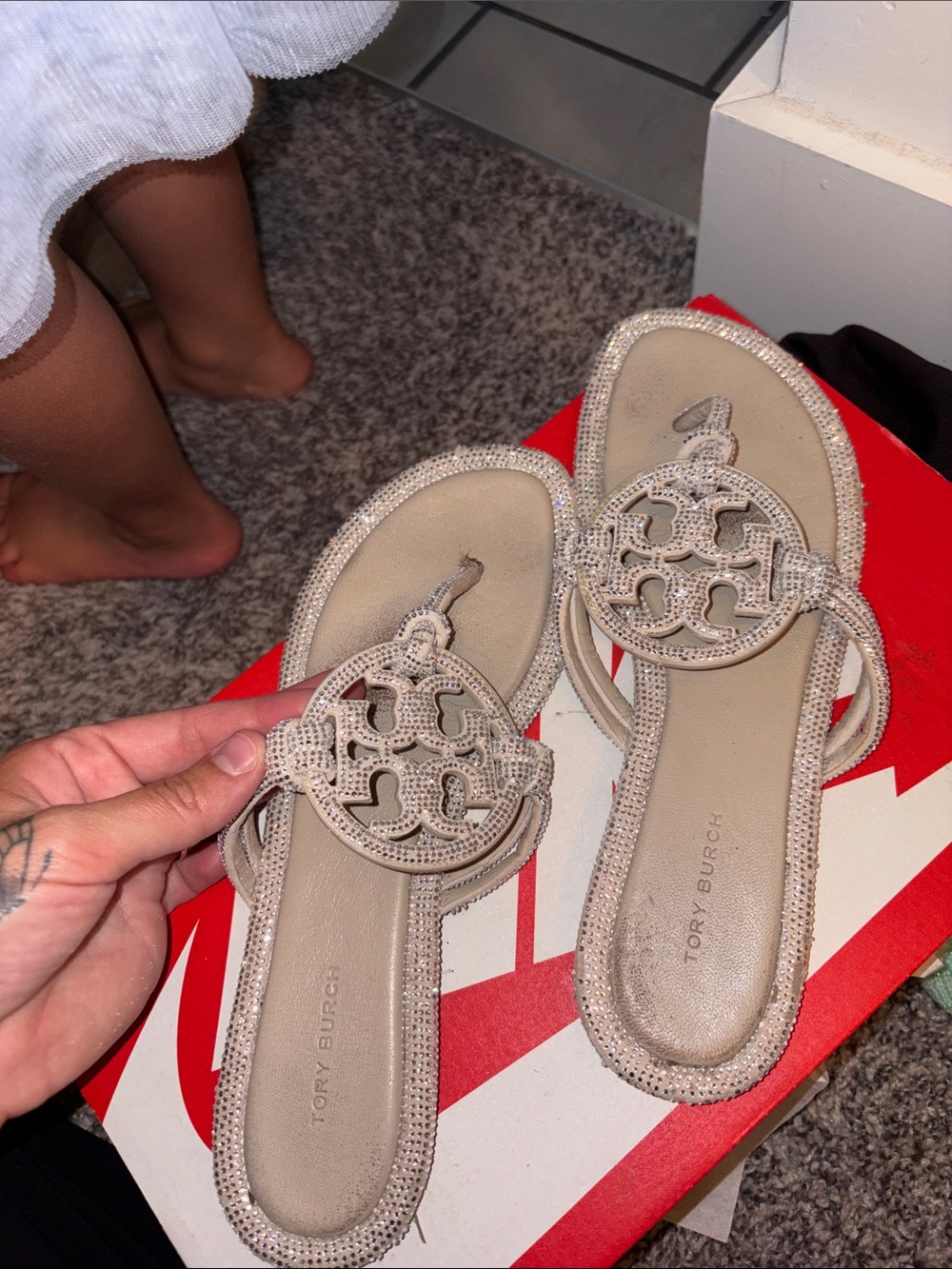 Tory Burch Crystal-Embellished Champagne Miller Slide Sandals 7.5Women - Picture 5 of 9
